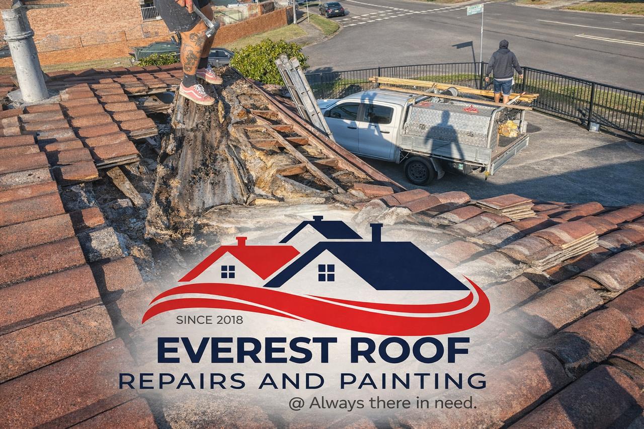 Emergency roof repair Sydney showing damaged roof tiles and active repair work