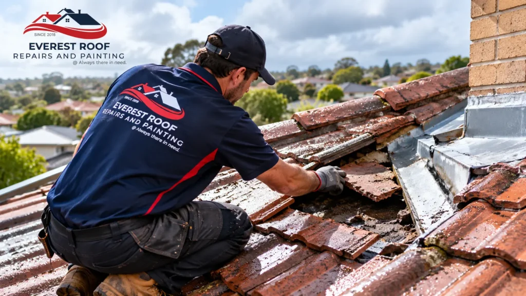 Roofer Inspecting Damaged Terracotta Tiles